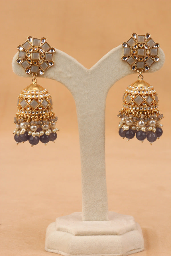 Fashionable Jhumka Earrings With Grey Stones And Pearls (JH001-GY-B1)
