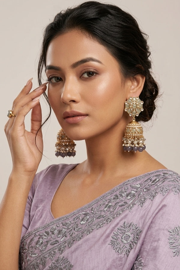 Fashionable Jhumka Earrings With Grey Stones And Pearls