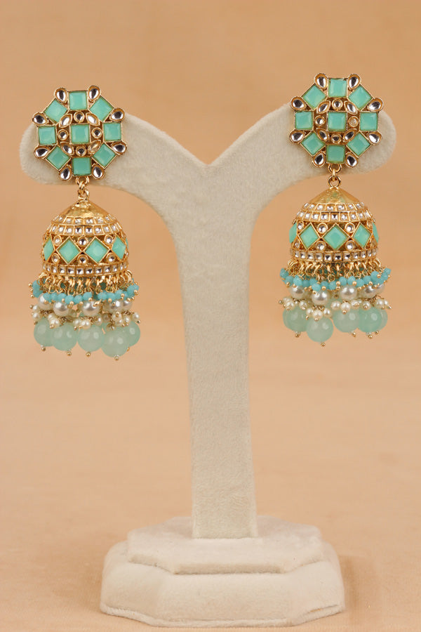 Fashionable Jhumka Earrings With Turquoise Blue Stones And Pearls (JH001-TB-B1)