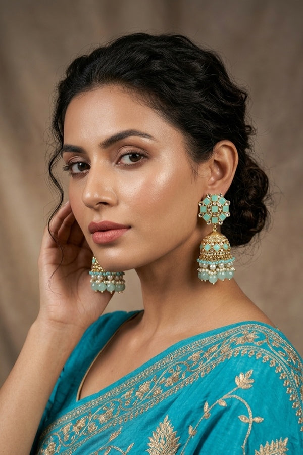 Fashionable Jhumka Earrings With Turquoise Blue Stones And Pearls