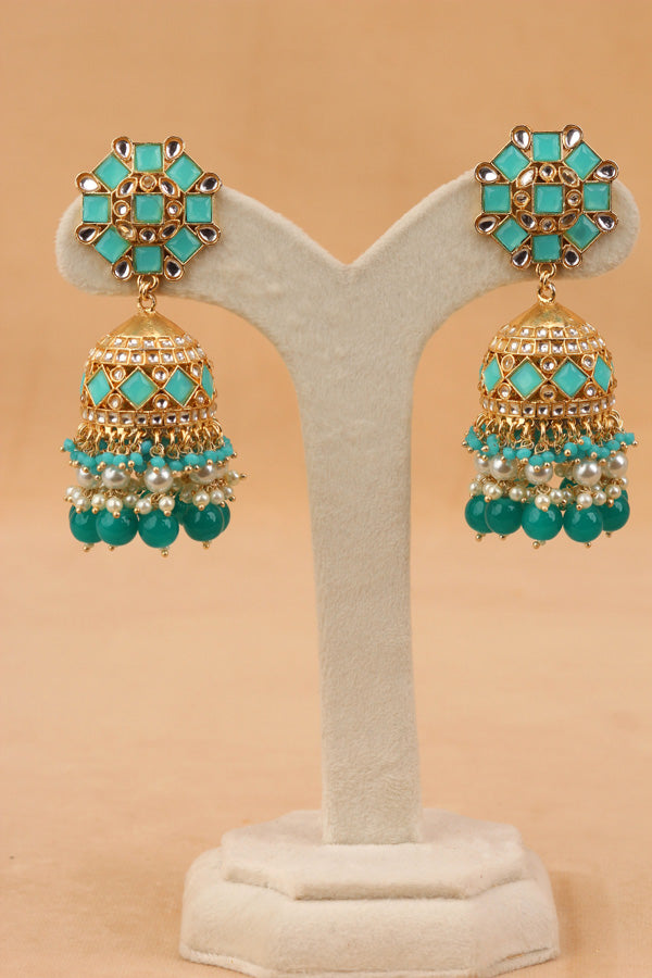 Fashionable Jhumka Earrings With Turquoise Green Stones And Pearls (JH001-TG-B1)
