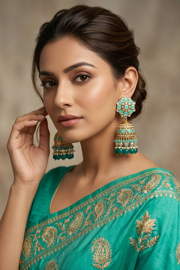 Fashionable Jhumka Earrings With Turquoise Green Stones And Pearls