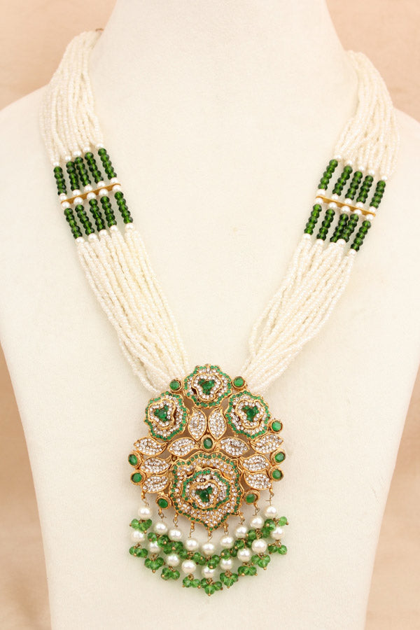 Fashionable Long Pakistani Necklace With Large Center Pendant With Green Colour Stones (PKLN001-G)