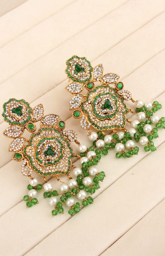 Fashionable Long Pakistani Necklace With Large Center Pendant With Green Colour Stones (PKLN001-G)