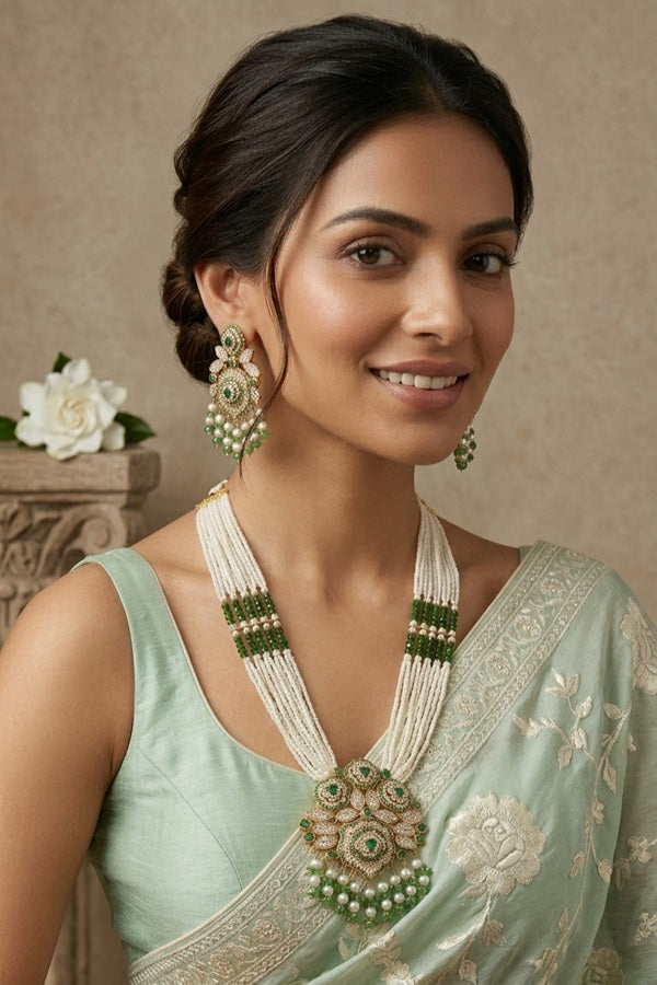 Fashionable Long Pakistani Necklace With Large Center Pendant With Green Colour Stones (PKLN001-G)