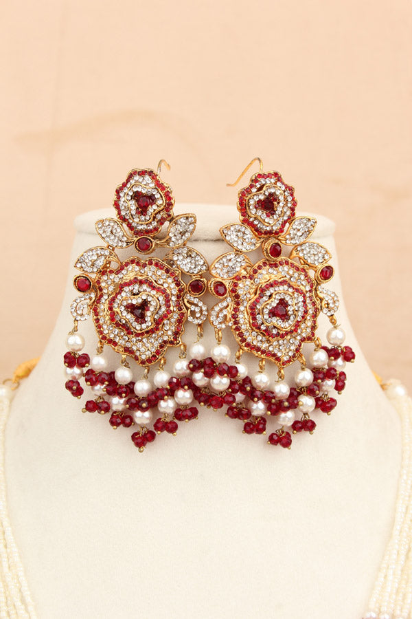 Fashionable Long Pakistani Necklace With Large Center Pendant With Red Colour Stones (PKLN001-R)