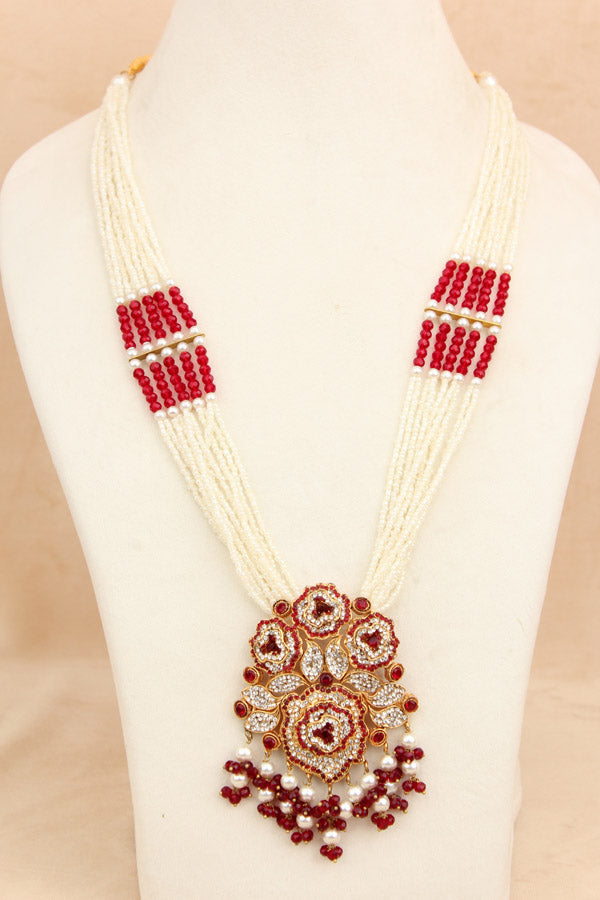 Fashionable Long Pakistani Necklace With Large Center Pendant With Red Colour Stones (PKLN001-R)