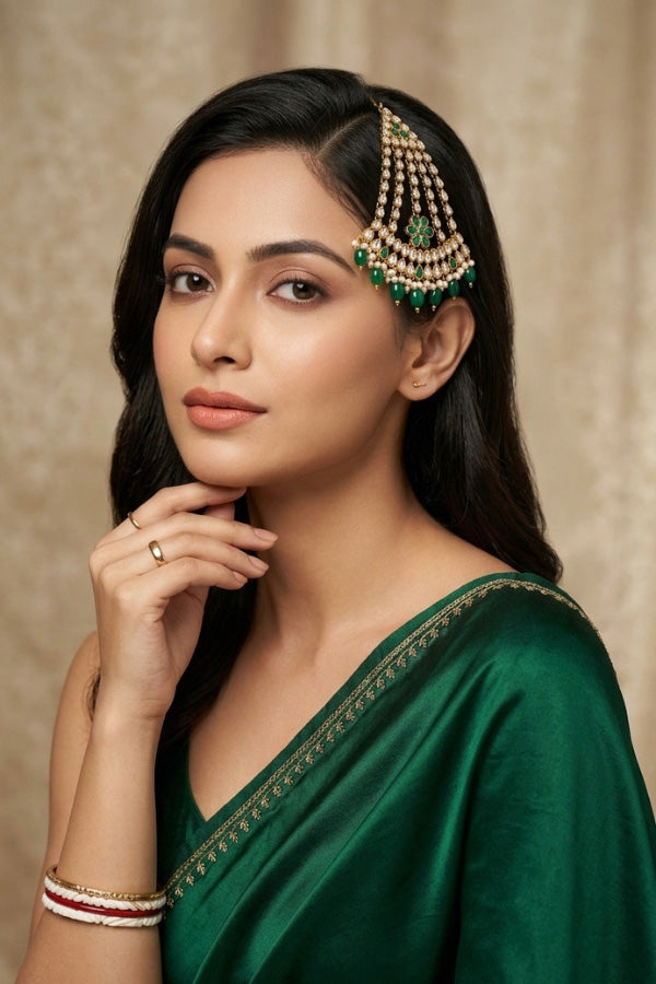 Fashionable Passa With Green Stones And Golden Pearls Attached (PAS014-G)