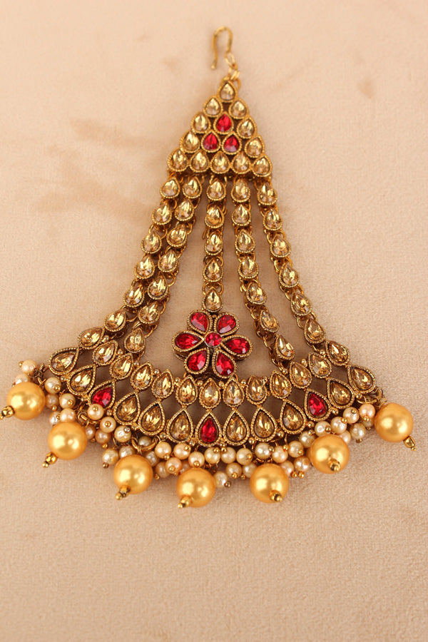 Fashionable Passa With Red Stones And Golden Pearls Attached (PAS014-R)