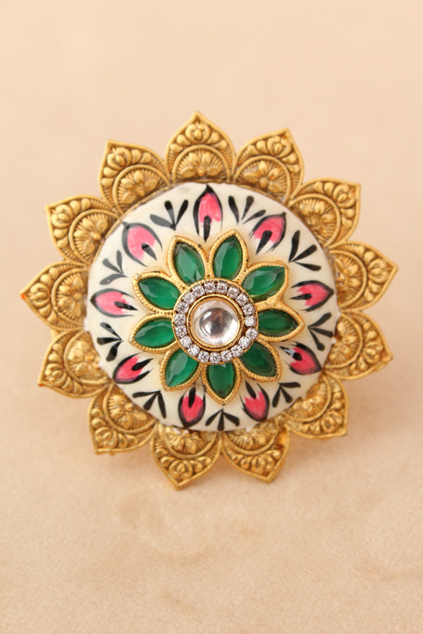Floral Meenakari Adjustable Ring With Center Stone (RF004)