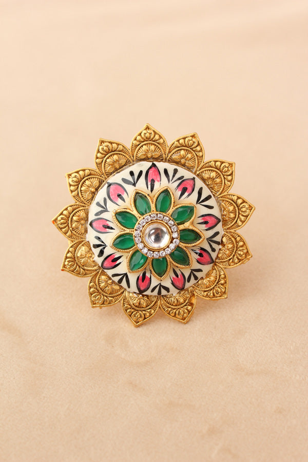 Floral Meenakari Adjustable Ring With Center Stone (RF004)