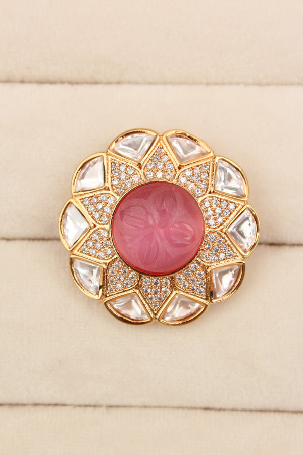 Flower Design Kundan Ring With Pink Center Stone And Adjustable Ring (KR005-P)