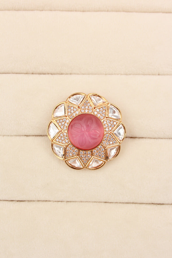 Flower Design Kundan Ring With Pink Center Stone And Adjustable Ring (KR005-P)