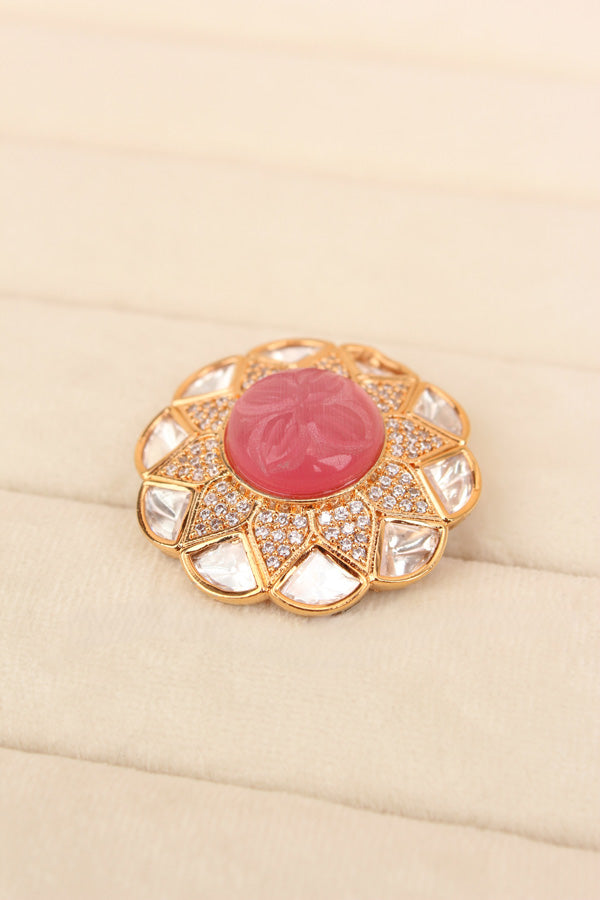 Flower Design Kundan Ring With Pink Center Stone And Adjustable Ring (KR005-P)