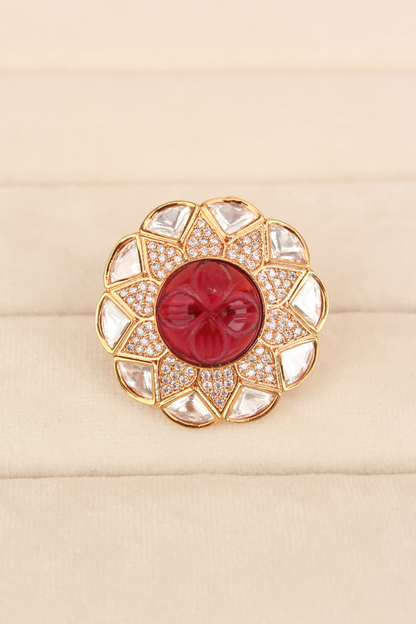 Flower Design Kundan Ring With Red Center Stone And Adjustable Ring (KR005-R)