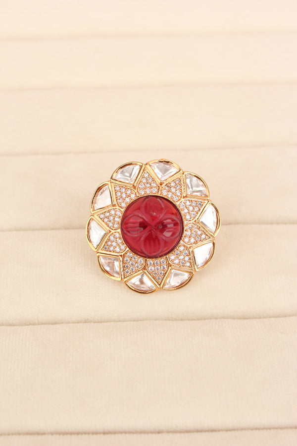 Flower Design Kundan Ring With Red Center Stone And Adjustable Ring (KR005-R)