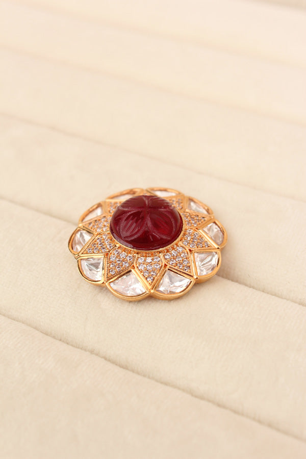 Flower Design Kundan Ring With Red Center Stone And Adjustable Ring (KR005-R)