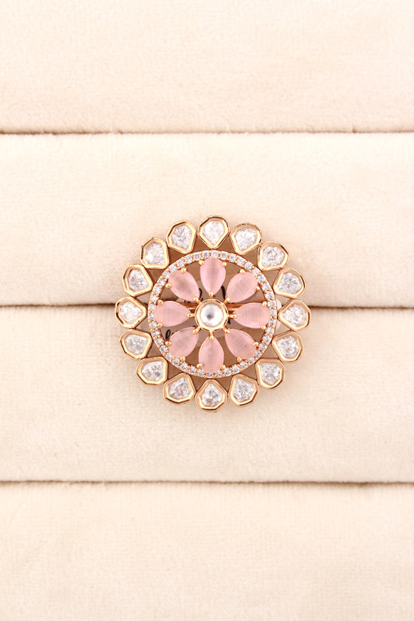 Flower Kundan Adjustable Ring With American Diamonds And Pink Stones (KR008-P)