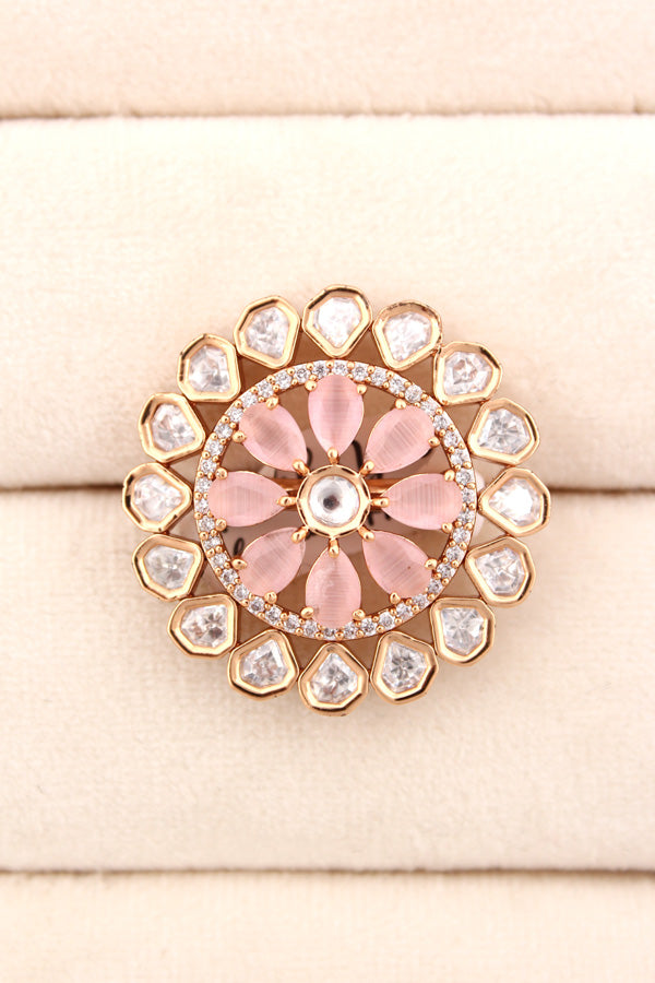 Flower Kundan Adjustable Ring With American Diamonds And Pink Stones (KR008-P)