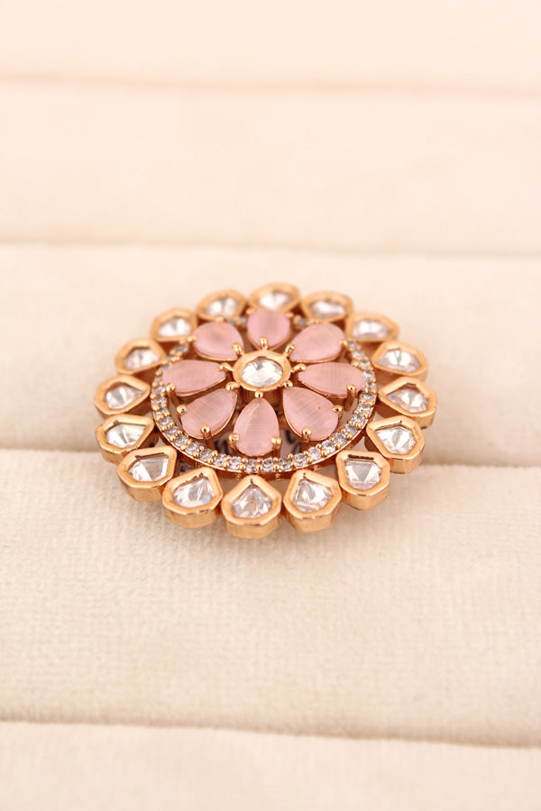 Flower Kundan Adjustable Ring With American Diamonds And Pink Stones (KR008-P)