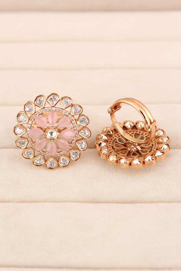 Flower Kundan Adjustable Ring With American Diamonds And Pink Stones (KR008-P)
