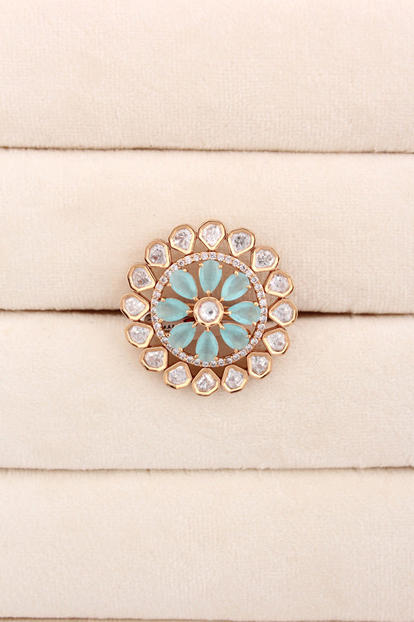 Flower Kundan Adjustable Ring With American Diamonds And Sky Blue Stones (KR008-SB)