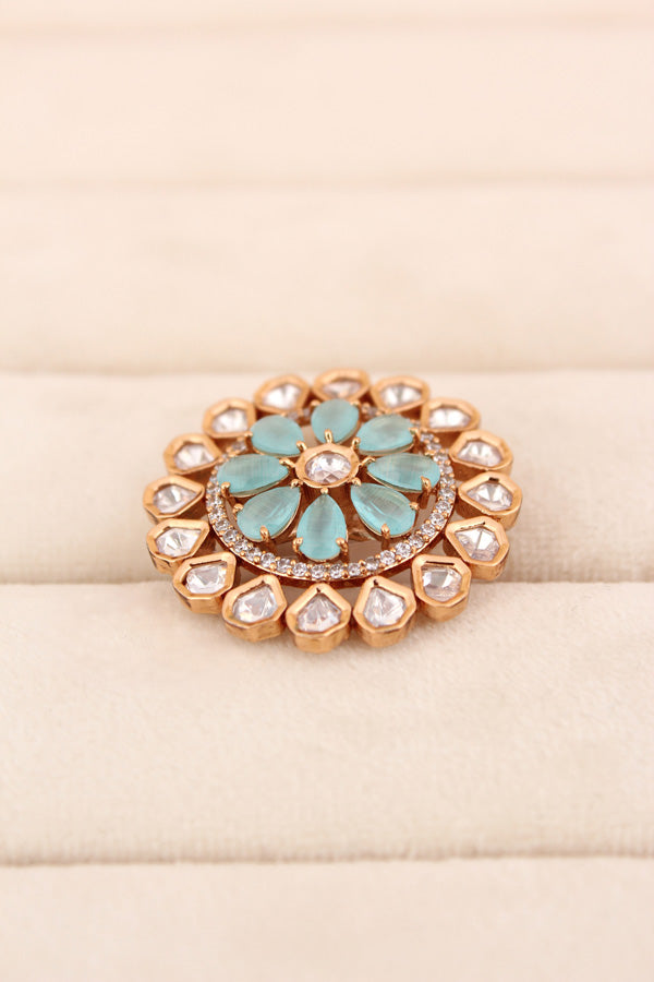 Flower Kundan Adjustable Ring With American Diamonds And Sky Blue Stones (KR008-SB)