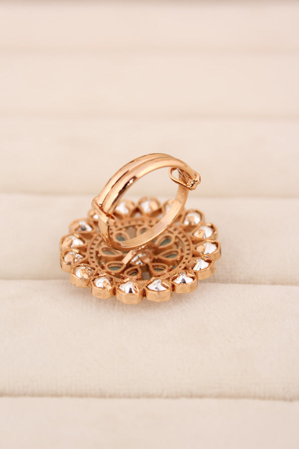 Flower Kundan Adjustable Ring With American Diamonds And Sky Blue Stones (KR008-SB)