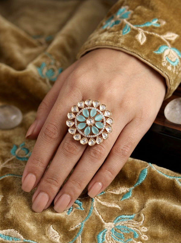 Flower Kundan Adjustable Ring With American Diamonds And Sky Blue Stones (KR008-SB)