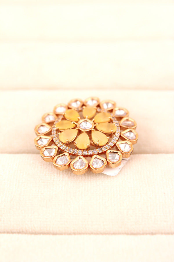 Flower Kundan Adjustable Ring With American Diamonds And Yellow Stones (KR008-Y)