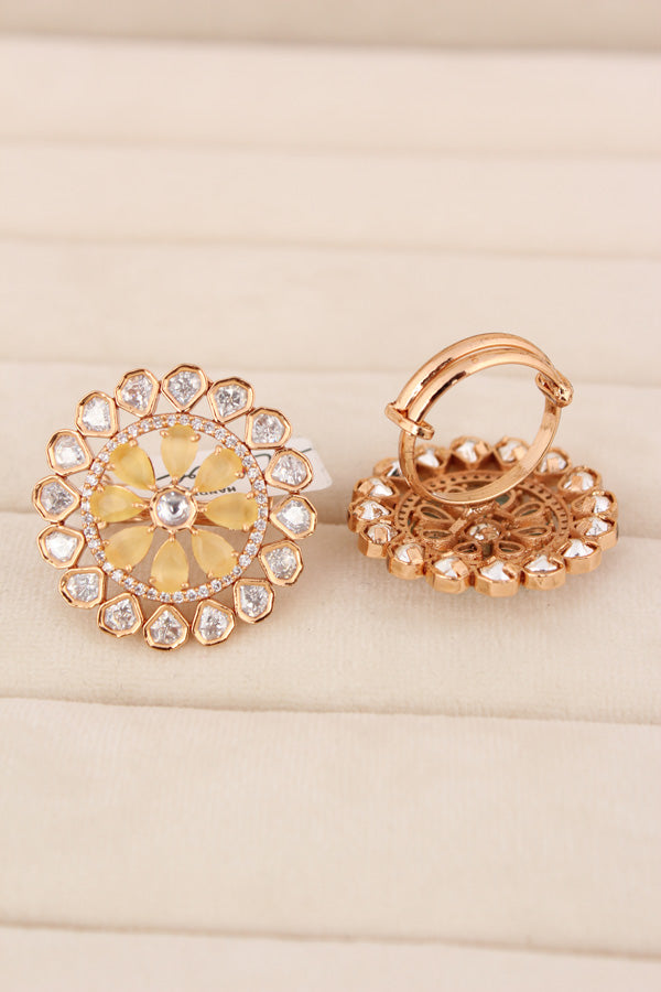Flower Kundan Adjustable Ring With American Diamonds And Yellow Stones (KR008-Y)