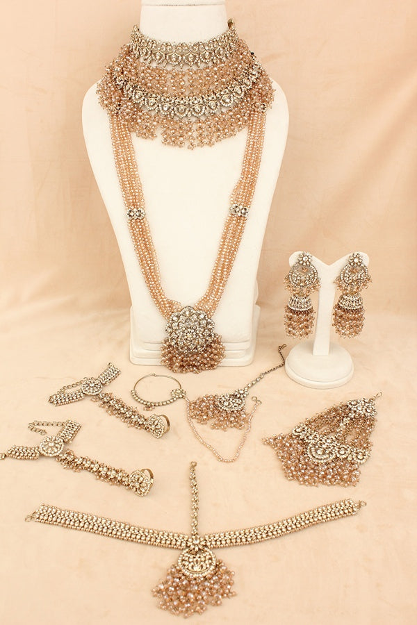Full Bridal Necklace Set In Gold Polish And Small Details Attached With Crystal Beads (BS007-Golden)