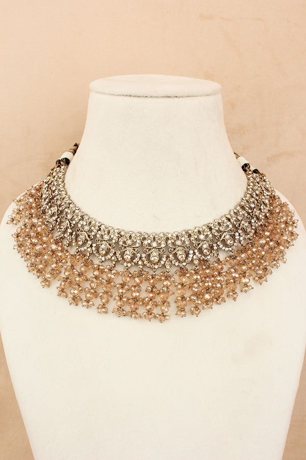 Full Bridal Necklace Set In Gold Polish And Small Details Attached With Crystal Beads (BS007-Golden)