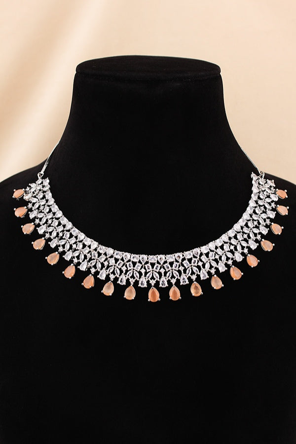 Necklace Set in American Diamonds With Center Pendant And Mint Green Colour Stones (NS002-AD-MG)