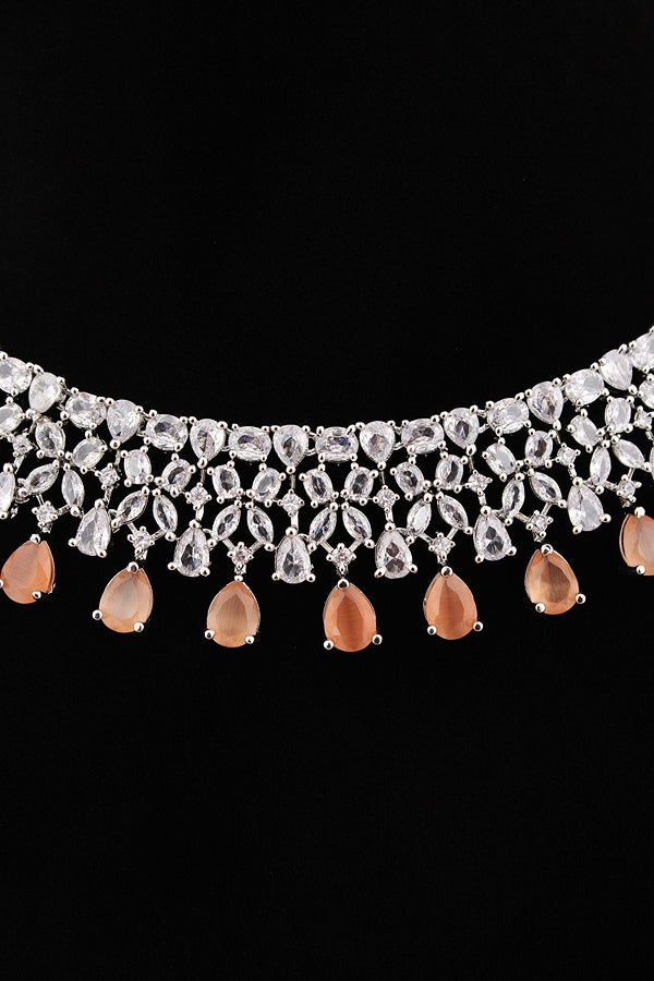 Necklace Set in American Diamonds With Center Pendant And Mint Green Colour Stones (NS002-AD-MG)
