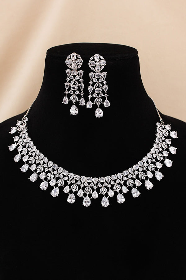 Necklace Set in American Diamonds With Center Pendant And Silver Colour Stones (NS002-AD-S)