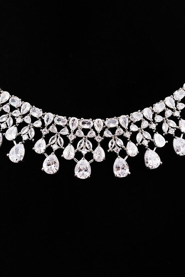 Necklace Set in American Diamonds With Center Pendant And Silver Colour Stones (NS002-AD-S)