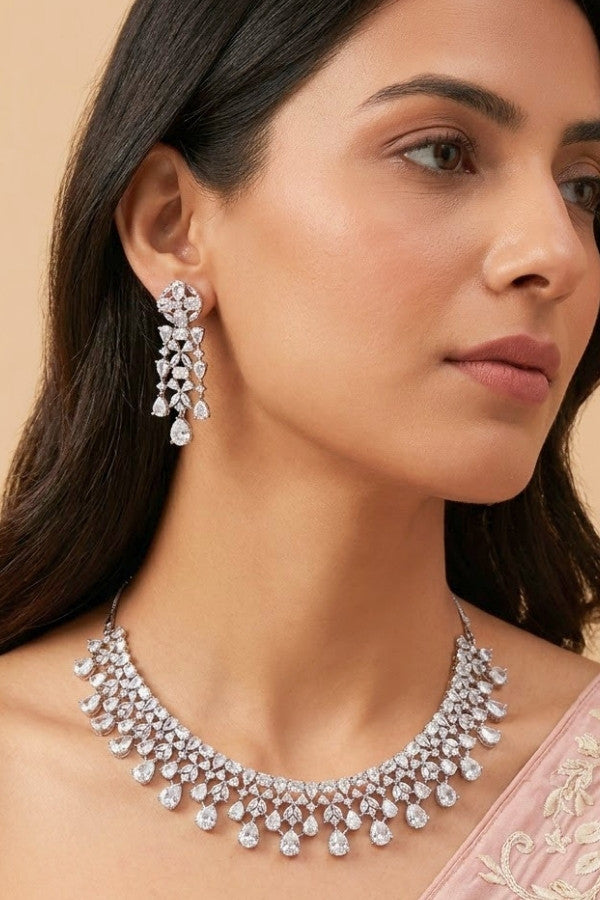 Necklace Set in American Diamonds With Center Pendant And Silver Colour Stones (NS002-AD-S)