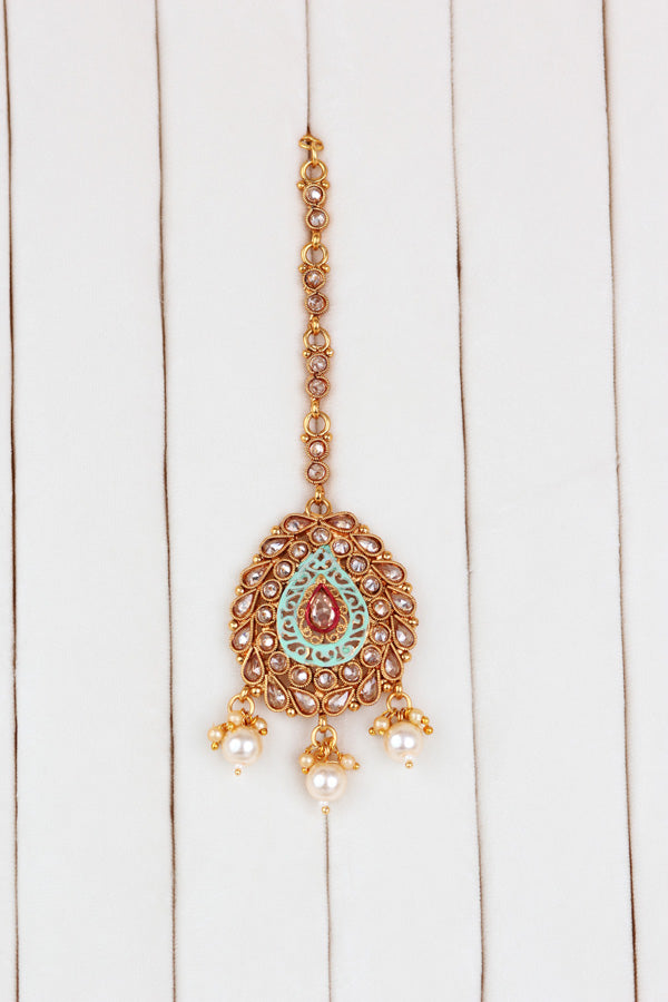 Golden and Mint Green Gold Polish Polki Choker With Large Earrings And Tikka  (CS003-Polki-B2)