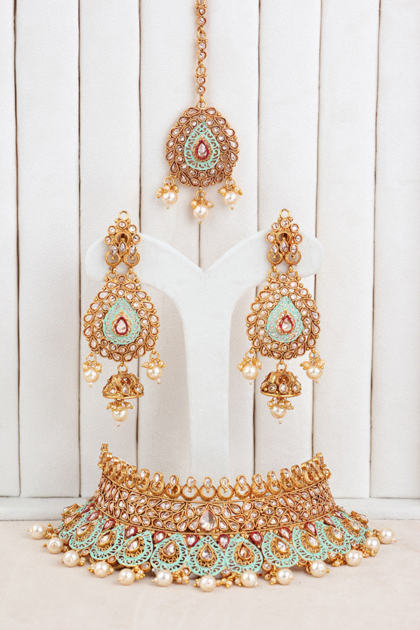Golden and Mint Green Gold Polish Polki Choker With Large Earrings And Tikka  (CS003-Polki-B2)