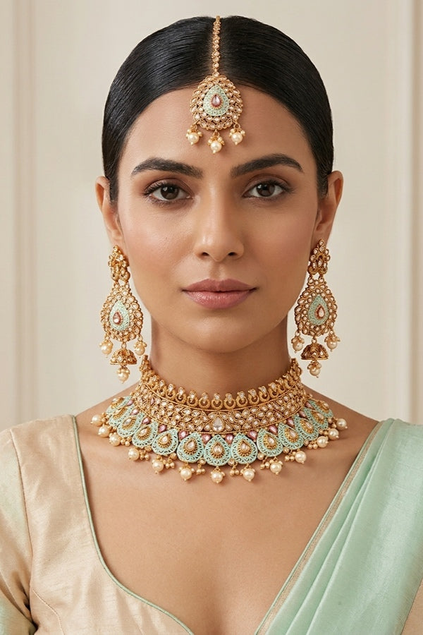 Golden and Mint Green Gold Polish Polki Choker With Large Earrings And Tikka