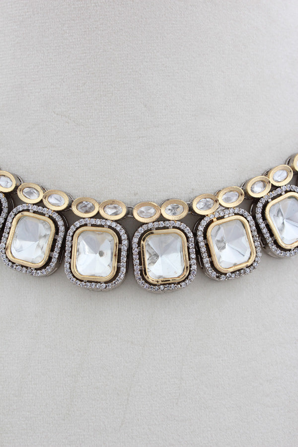 Gold And Silver Polish Kundan Necklace Set With Small Studs(NK016-Kundan)