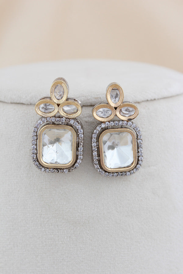 Gold And Silver Polish Kundan Necklace Set With Small Studs(NK016-Kundan)
