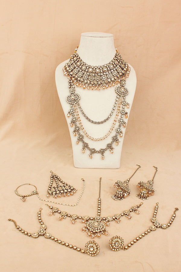 Gold Colour Bridal Necklace Set With Champagne Gold Colour Crystal Beads (BS005-Golden)