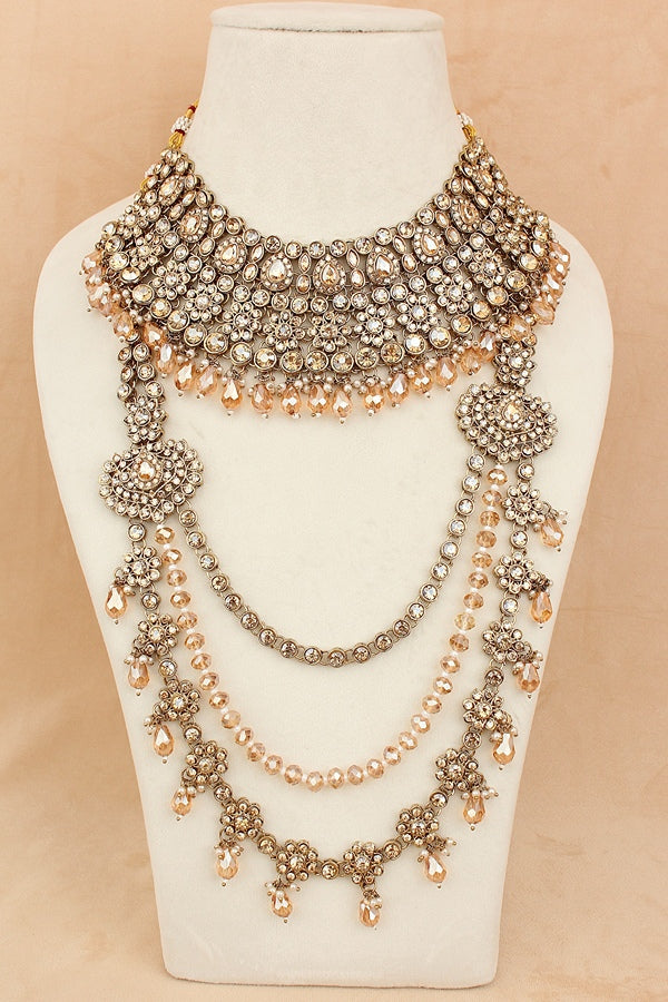 Gold Colour Bridal Necklace Set With Champagne Gold Colour Crystal Beads (BS005-Golden)