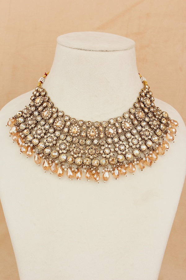 Gold Colour Bridal Necklace Set With Champagne Gold Colour Crystal Beads (BS005-Golden)
