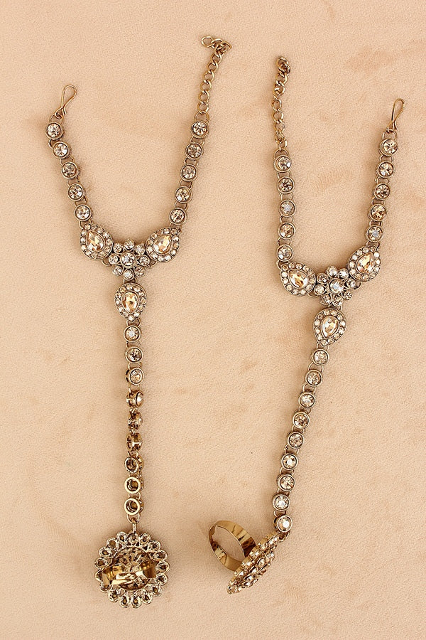 Gold Colour Bridal Necklace Set With Champagne Gold Colour Crystal Beads (BS005-Golden)