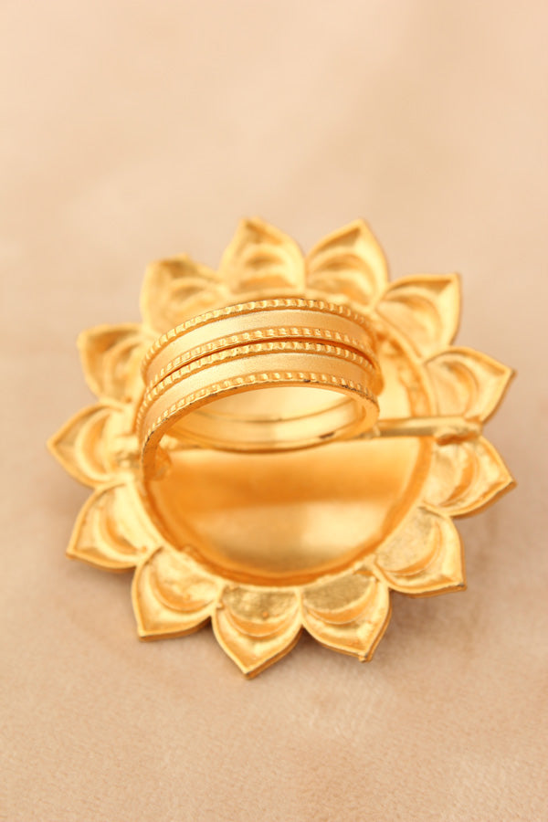 Gold Fashionable Adjustable Meenakari Ring With Sunflower Design (RF006-GO)