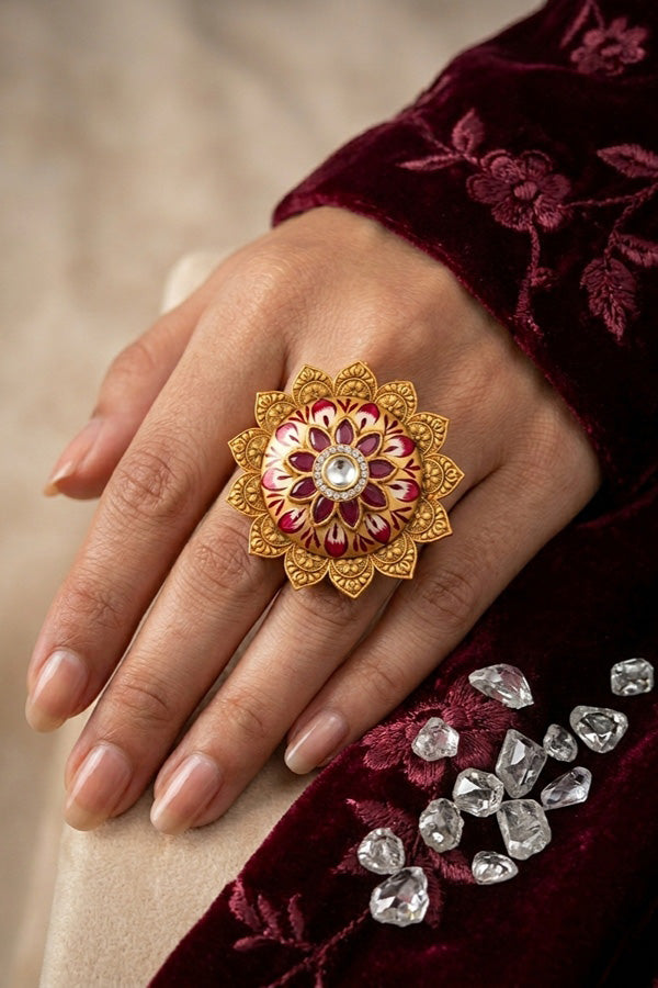 Gold Fashionable Adjustable Meenakari Ring With Sunflower Design (RF006-GO)