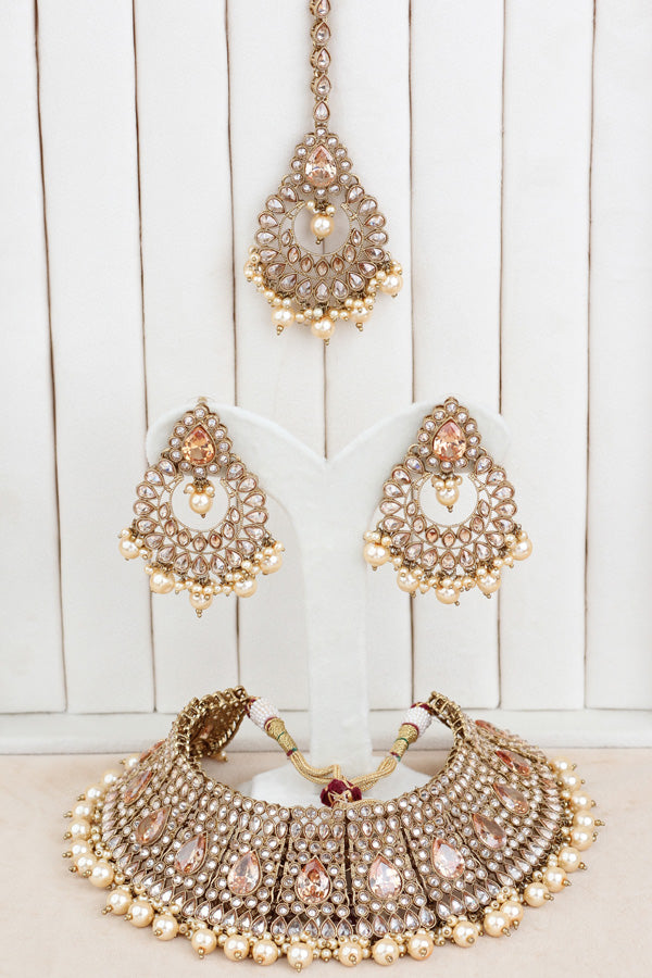 Gold Heavy Look Polki Choker With Large Earrings And Tikka (CS007-Polki-B2)